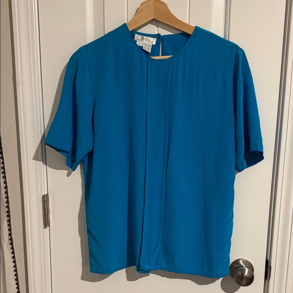 Teal Blue Short-Sleeve Women’s Silk Blouse